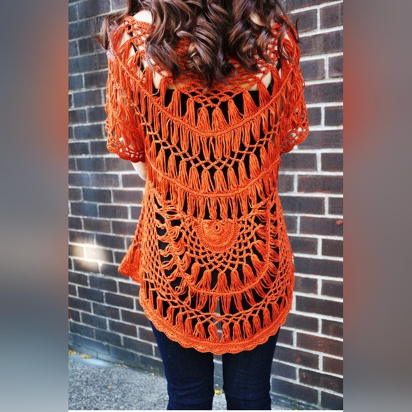 FREE PEOPLE inspired handmade crochet fringe sleeve round neck poncho tunic top - Picture 12 of 12